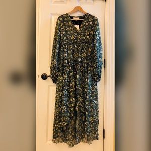 Rocco Sand Floral Metallic High Low Maxi Dress